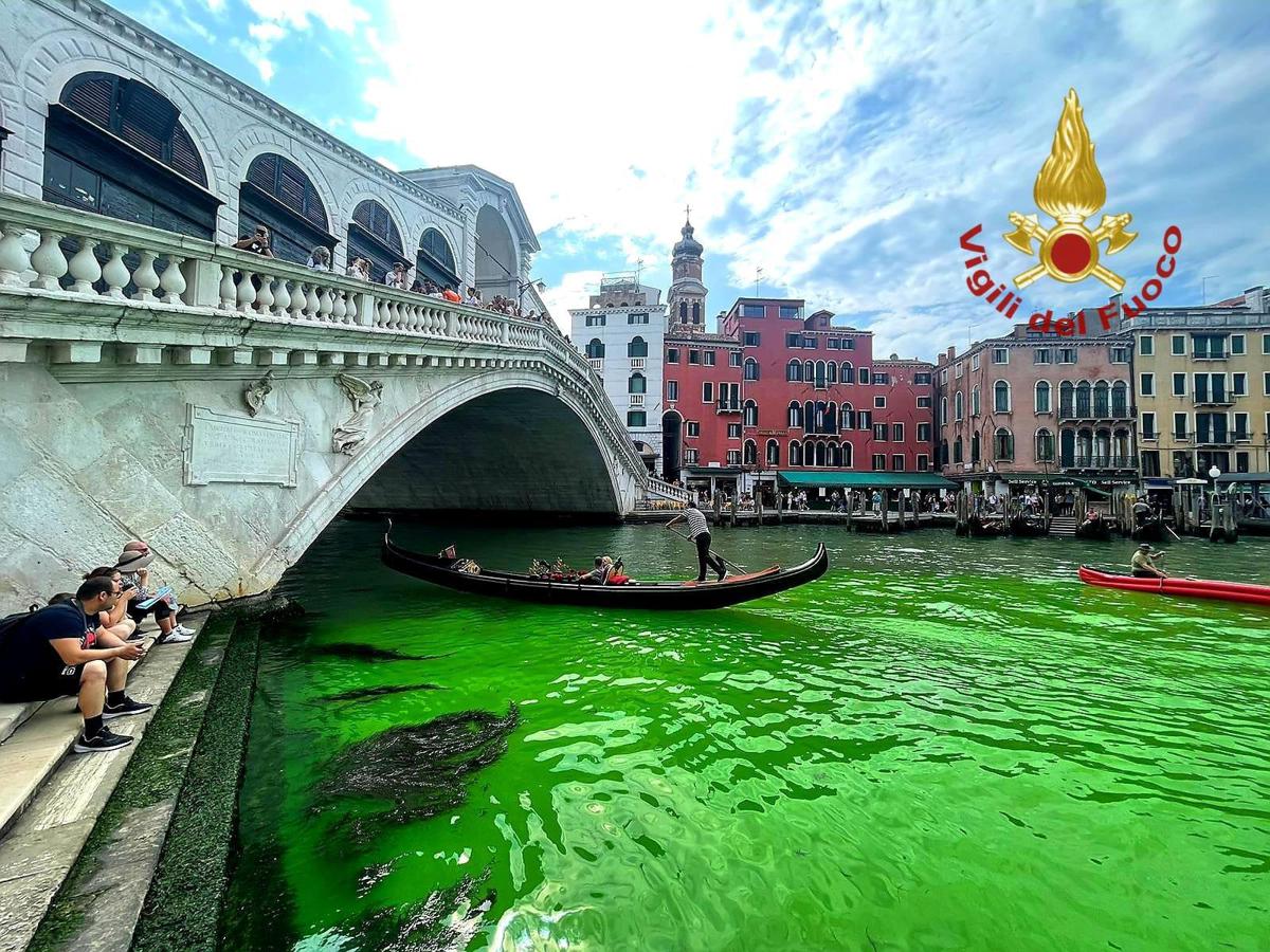 Venezia, acqua verde fosforescente sotto il ponte di Rialto