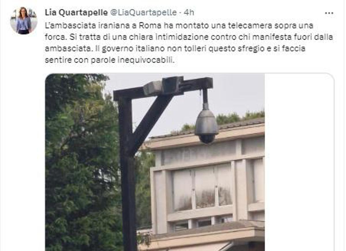 Ambasciata Iran a Roma, denuncia della dem Quartapelle: “Telecamera montata su forca”